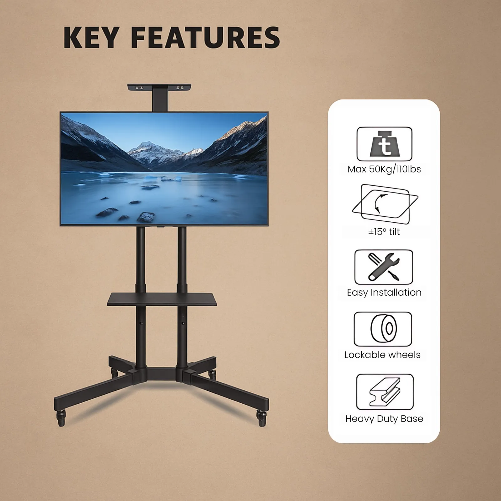 TV Trolly Stand Cart for 32–65 Inch LED/LCD TVs | Height Adjustable | Lockable Wheels | 50kg Load view 5